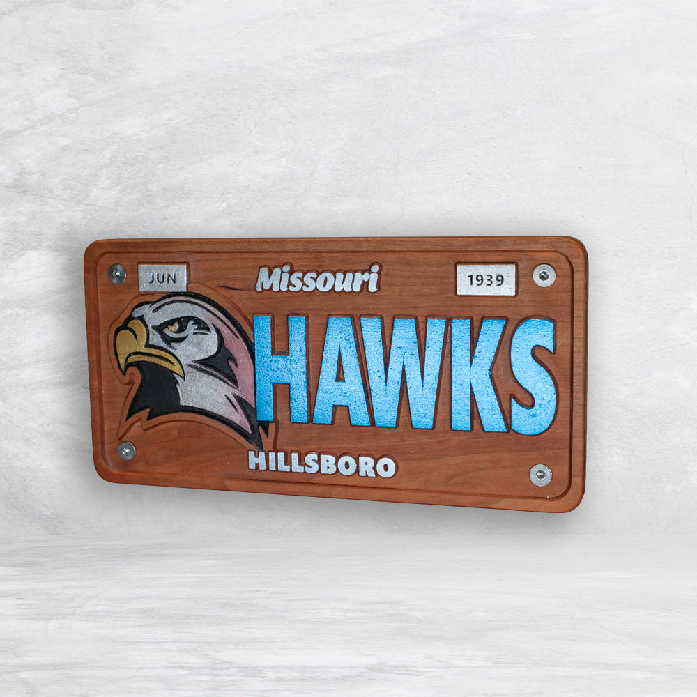 Hillsboro Hawks Novelty License Plate - HAWKS - Solid Cherry Art Decor Collectible - Precision Carved - Hand Finished - Made in USA