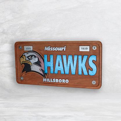 Hillsboro Hawks Novelty License Plate - HAWKS - Solid Cherry Art Decor Collectible - Precision Carved - Hand Finished - Made in USA
