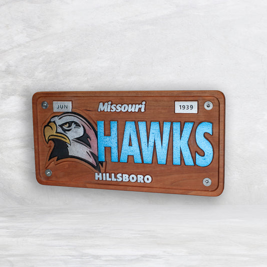 Hillsboro Hawks Wood License Plate - HAWKS - Made in USA