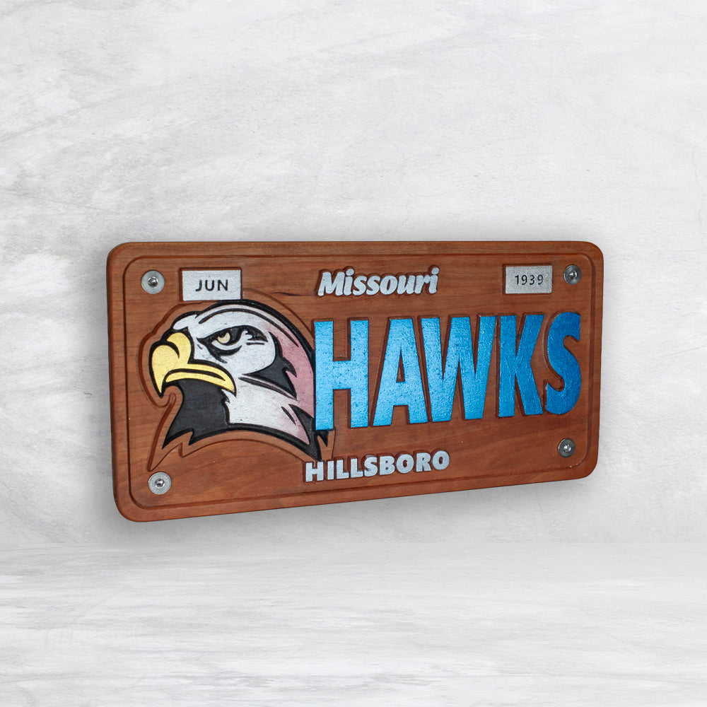 Hillsboro Hawks Novelty License Plate - HAWKS - Solid Cherry Art Decor Collectible - Precision Carved - Hand Finished - Made in USA