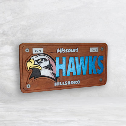 Hillsboro Hawks Novelty License Plate - HAWKS - Solid Cherry Art Decor Collectible - Precision Carved - Hand Finished - Made in USA