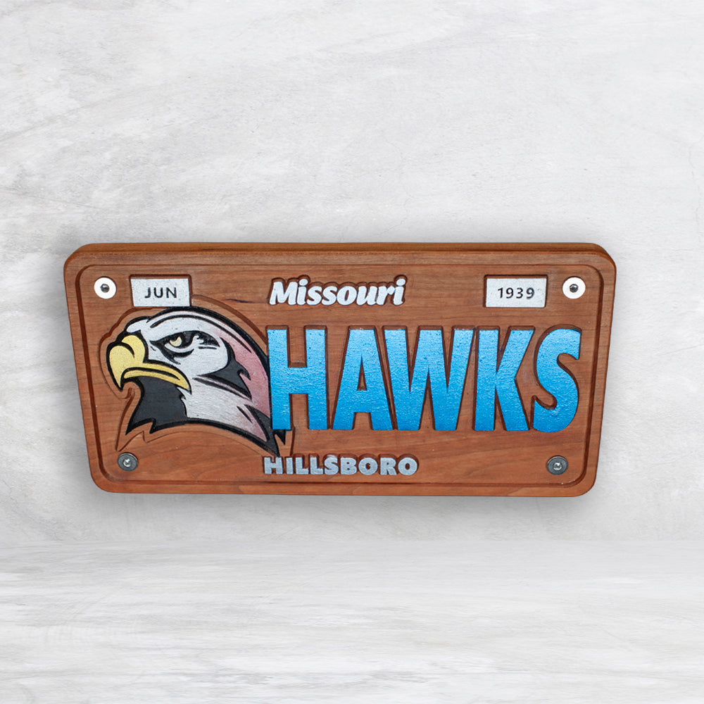 Hillsboro Hawks Novelty License Plate - HAWKS - Solid Cherry Art Decor Collectible - Precision Carved - Hand Finished - Made in USA
