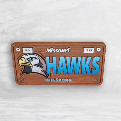 Hillsboro Hawks Novelty License Plate - HAWKS - Solid Cherry Art Decor Collectible - Precision Carved - Hand Finished - Made in USA
