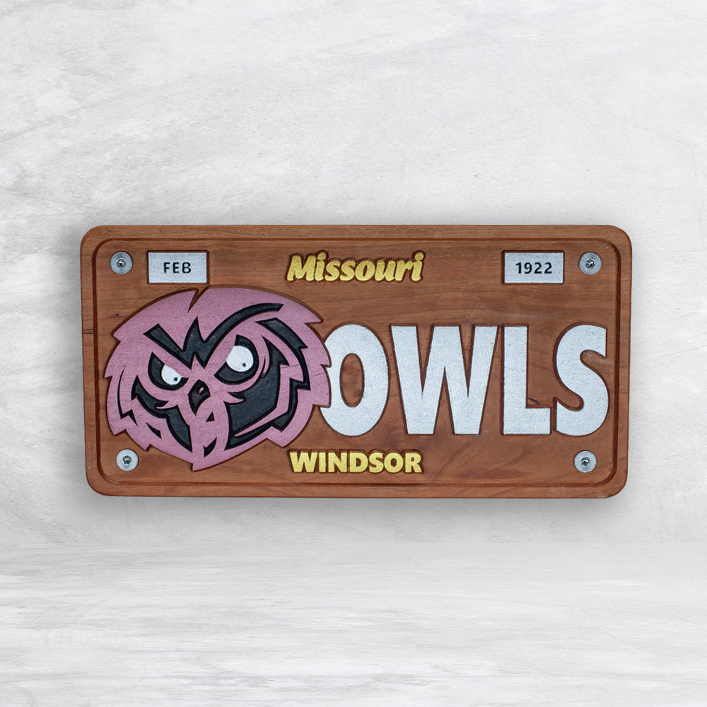 Windsor Owls Novelty License Plate - OWLS - Solid Cherry Art Decor Collectible - Precision Carved - Hand Finished - Made in USA