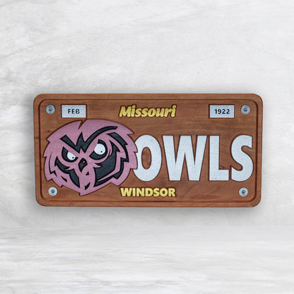 Windsor Owls Novelty License Plate - OWLS - Solid Cherry Art Decor Collectible - Precision Carved - Hand Finished - Made in USA
