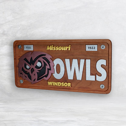 Windsor Owls Novelty License Plate - OWLS - Solid Cherry Art Decor Collectible - Precision Carved - Hand Finished - Made in USA