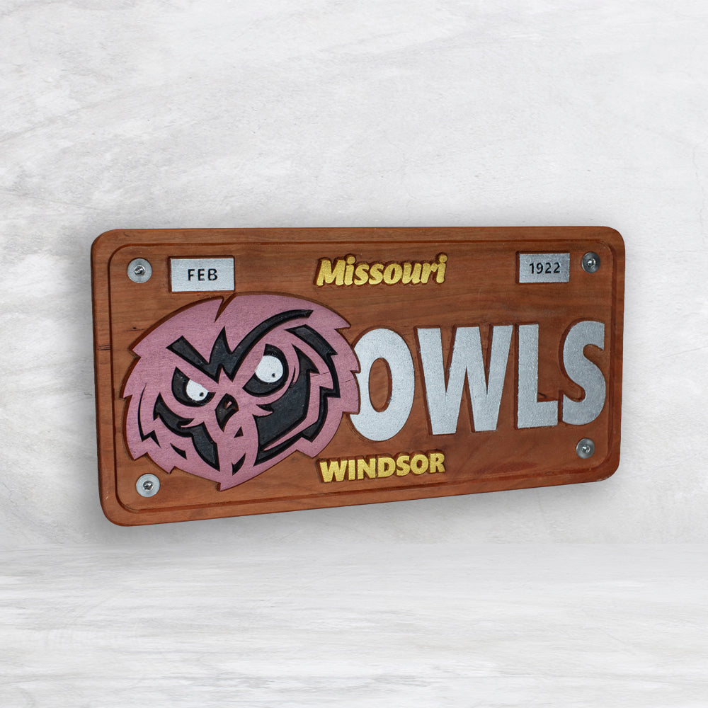Windsor Owls Novelty License Plate - OWLS - Solid Cherry Art Decor Collectible - Precision Carved - Hand Finished - Made in USA