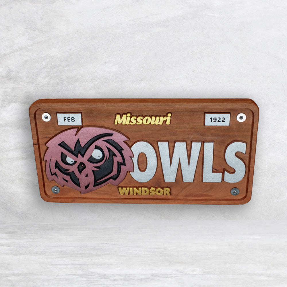 Windsor Owls Novelty License Plate - OWLS - Solid Cherry Art Decor Collectible - Precision Carved - Hand Finished - Made in USA