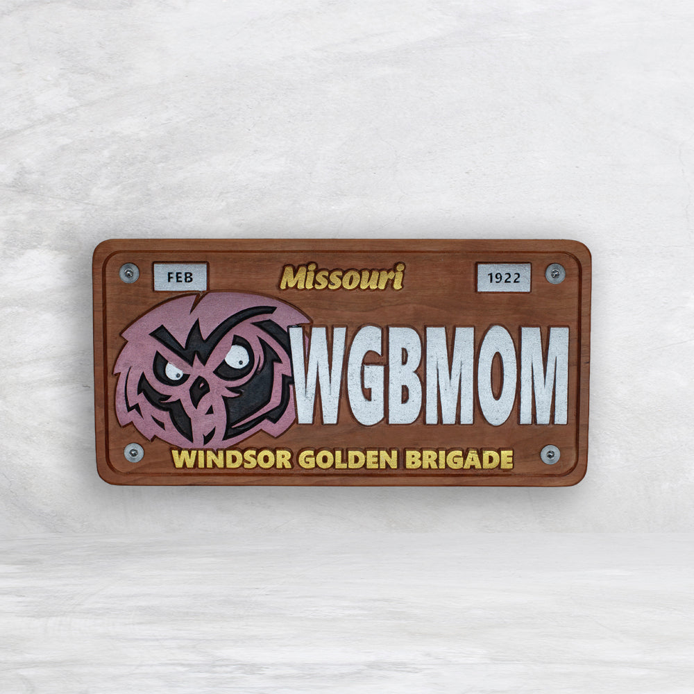 Windsor Owls Novelty License Plate - WGBMOM - Solid Cherry Art Decor Collectible - Precision Carved - Hand Finished - Made in USA