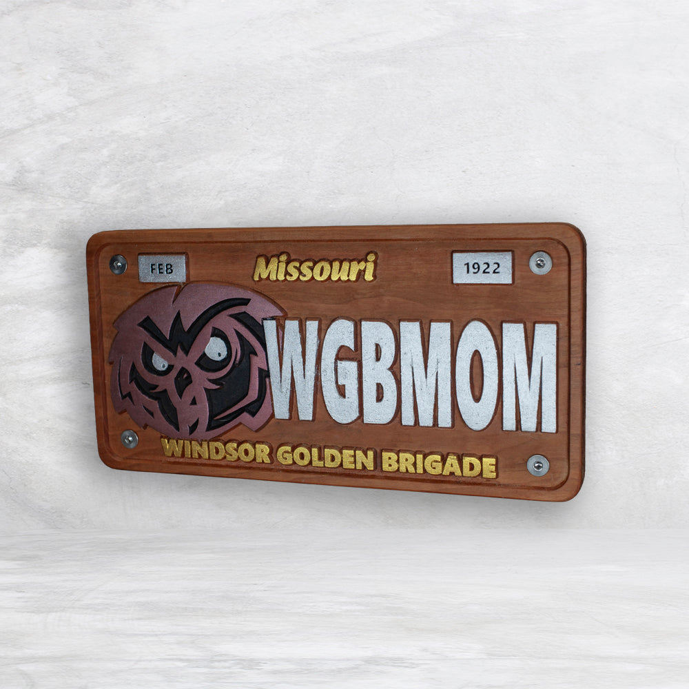 Windsor Owls Novelty License Plate - WGBMOM - Solid Cherry Art Decor Collectible - Precision Carved - Hand Finished - Made in USA