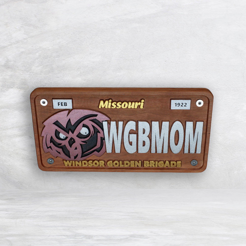 Windsor Owls Novelty License Plate - WGBMOM - Solid Cherry Art Decor Collectible - Precision Carved - Hand Finished - Made in USA