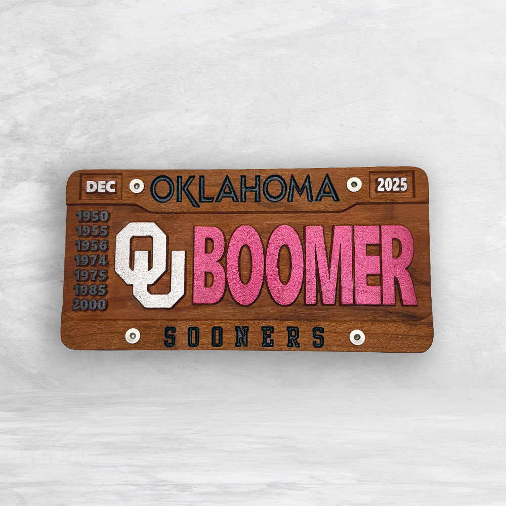 U of O BOOMER Wood Novelty License Plate - Solid Cherry Art Decor Collectible - Precision Carved - Hand Finished - Made in USA