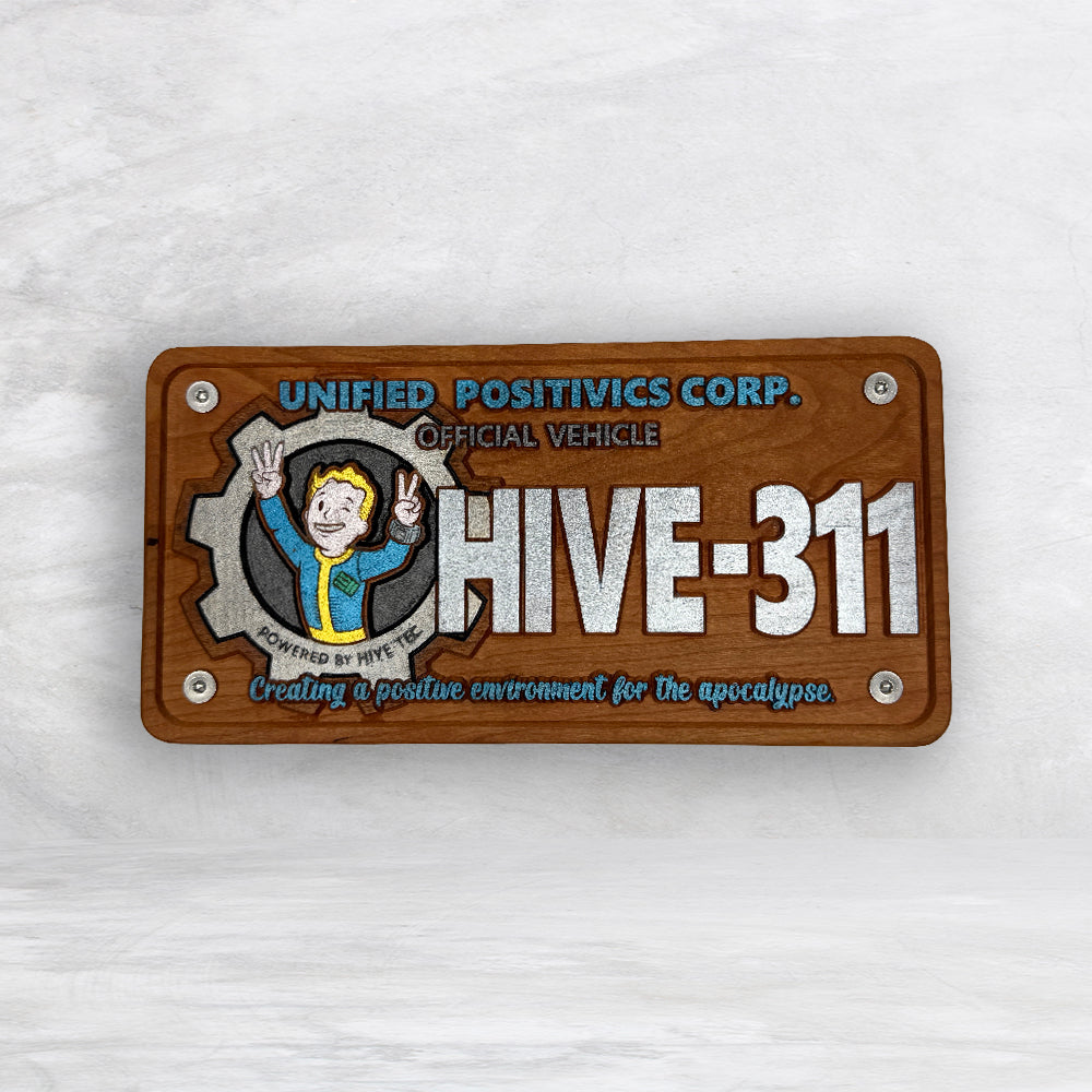 Fallout Inspired LE 311 Novelty License Plate - HIVE311 - Solid Cherry Art Decor Collectible - Precision Carved - Hand Finished - Made in USA