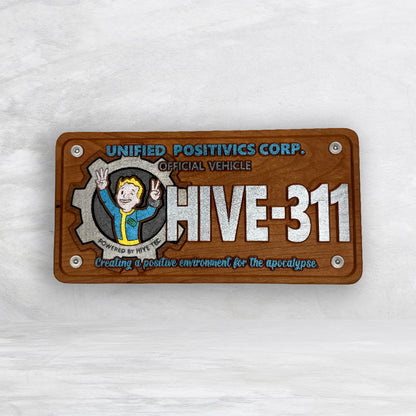 Fallout Inspired LE 311 Novelty License Plate - HIVE311 - Solid Cherry Art Decor Collectible - Precision Carved - Hand Finished - Made in USA