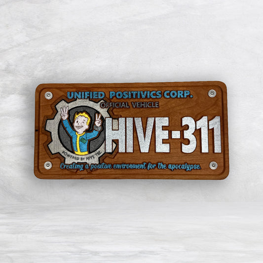 Fallout Inspired LE 311 Novelty License Plate - HIVE311 - Solid Cherry Art Decor Collectible - Precision Carved - Hand Finished - Made in USA