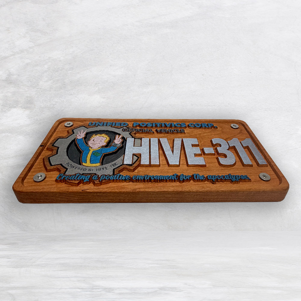 Fallout Inspired LE 311 Novelty License Plate - HIVE311 - Solid Cherry Art Decor Collectible - Precision Carved - Hand Finished - Made in USA