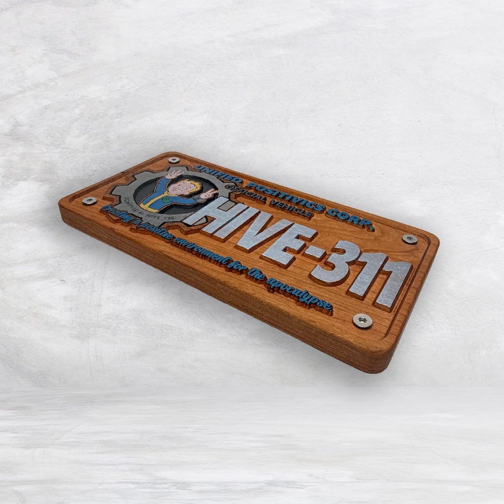 Fallout Inspired LE 311 Novelty License Plate - HIVE311 - Solid Cherry Art Decor Collectible - Precision Carved - Hand Finished - Made in USA