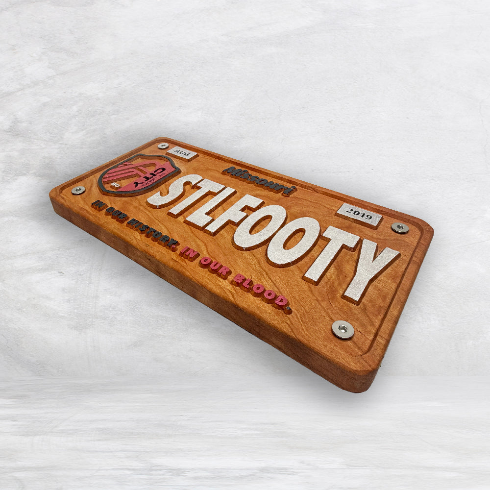 STL City Soccer Novelty License Plate - STLFOOTY - Solid Cherry Art Decor Collectible - Precision Carved - Hand Finished - Made in USA