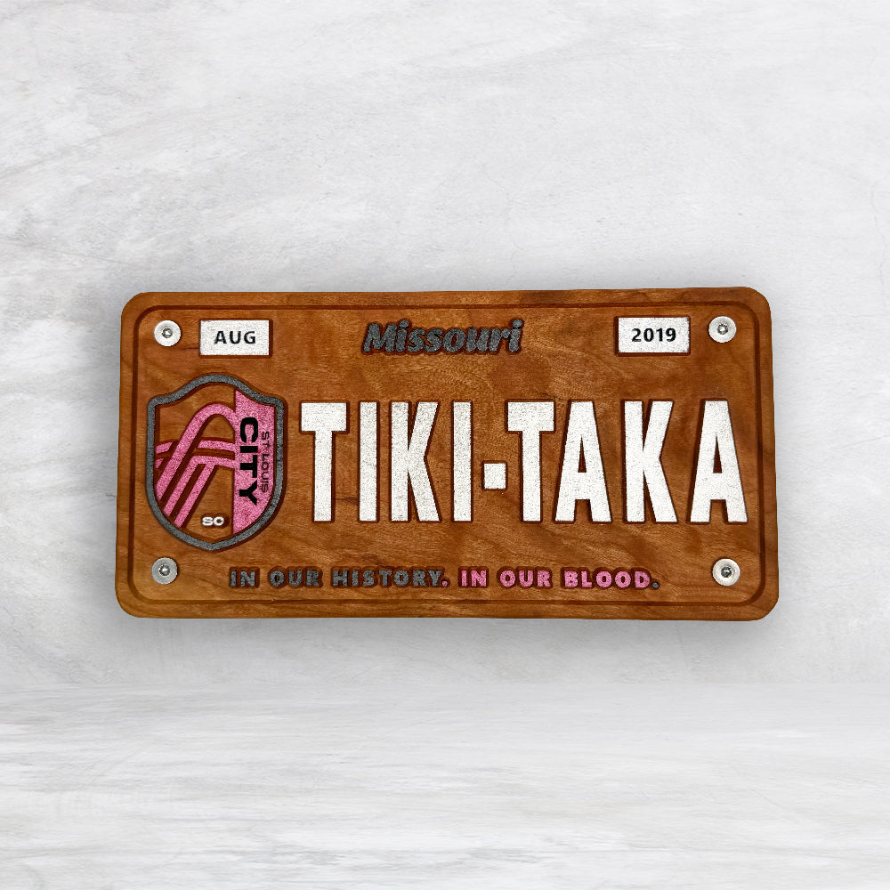 STL City Soccer Novelty License Plate - TIKI-TAKA - Solid Cherry Art Decor Collectible - Precision Carved - Hand Finished - Made in USA