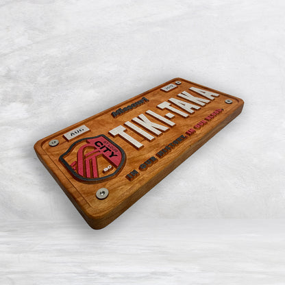 STL City Soccer Novelty License Plate - TIKI-TAKA - Solid Cherry Art Decor Collectible - Precision Carved - Hand Finished - Made in USA