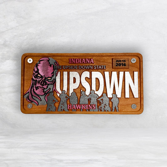 Stranger Things Novelty License Plate - UPSDWN - Solid Cherry Art Decor Collectible - Precision Carved - Hand Finished - Made in USA