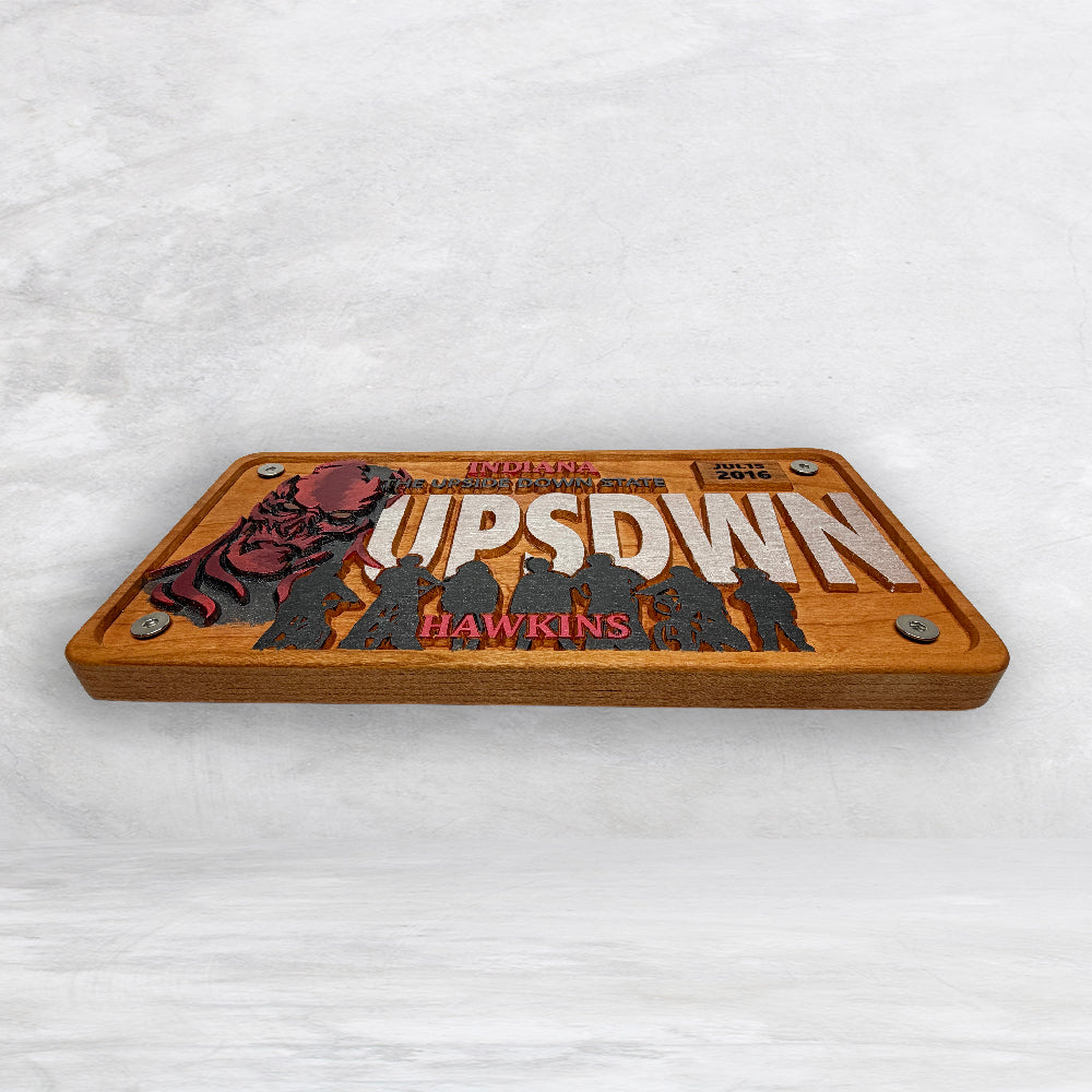 Stranger Things Novelty License Plate - UPSDWN - Solid Cherry Art Decor Collectible - Precision Carved - Hand Finished - Made in USA
