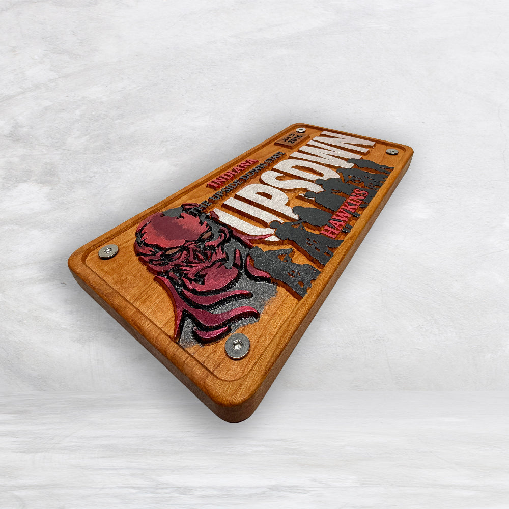 Stranger Things Novelty License Plate - UPSDWN - Solid Cherry Art Decor Collectible - Precision Carved - Hand Finished - Made in USA