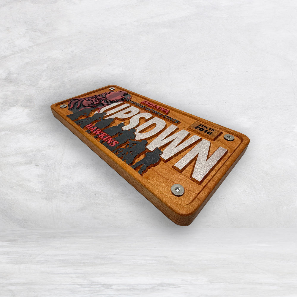 Stranger Things Novelty License Plate - UPSDWN - Solid Cherry Art Decor Collectible - Precision Carved - Hand Finished - Made in USA