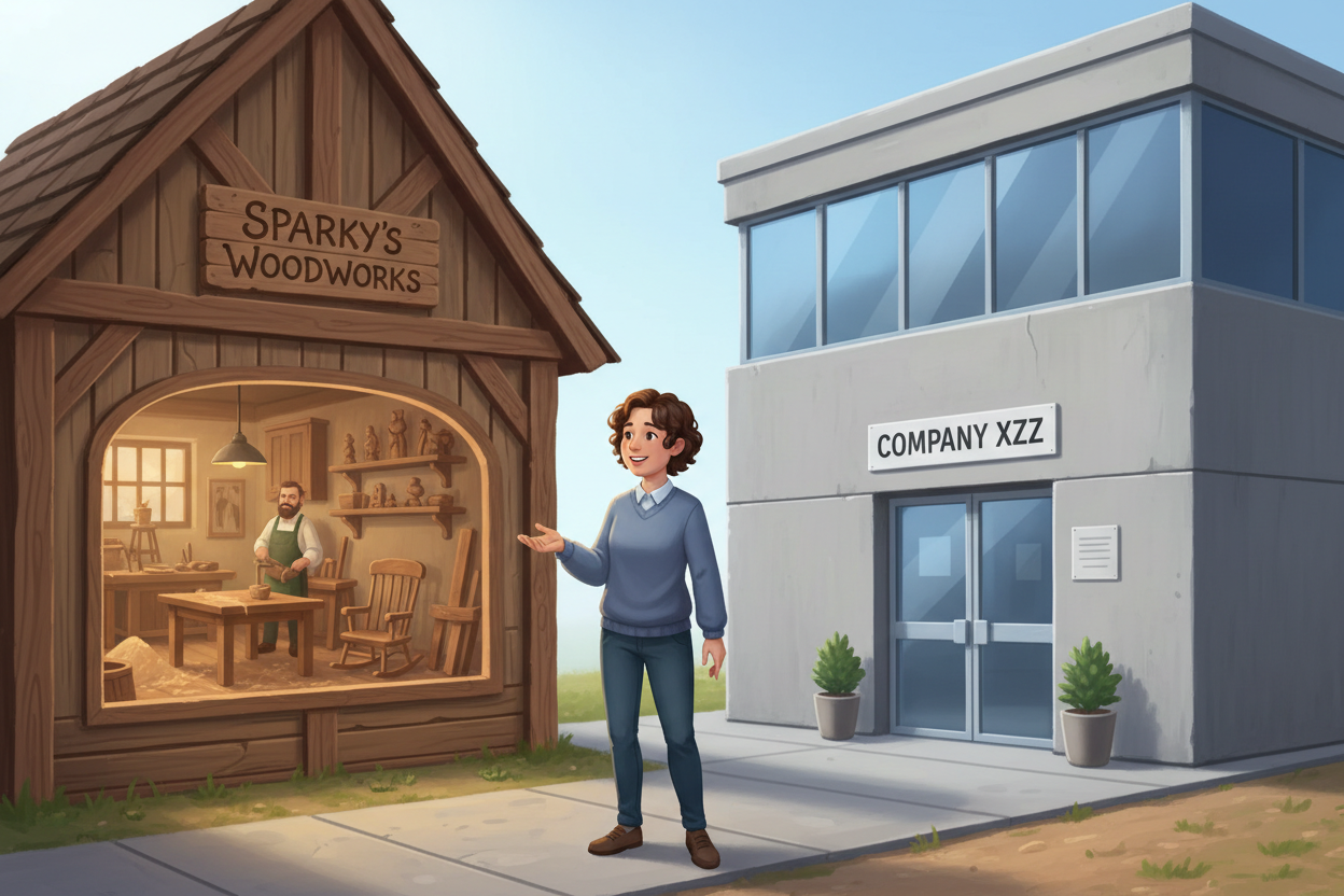 a customer choosing between Company XYZ and Sparky's Woodworks