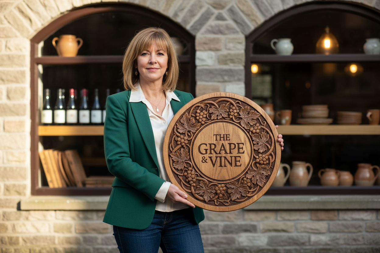 a middle aged female restaurant owner holding her new carved wood logo sign