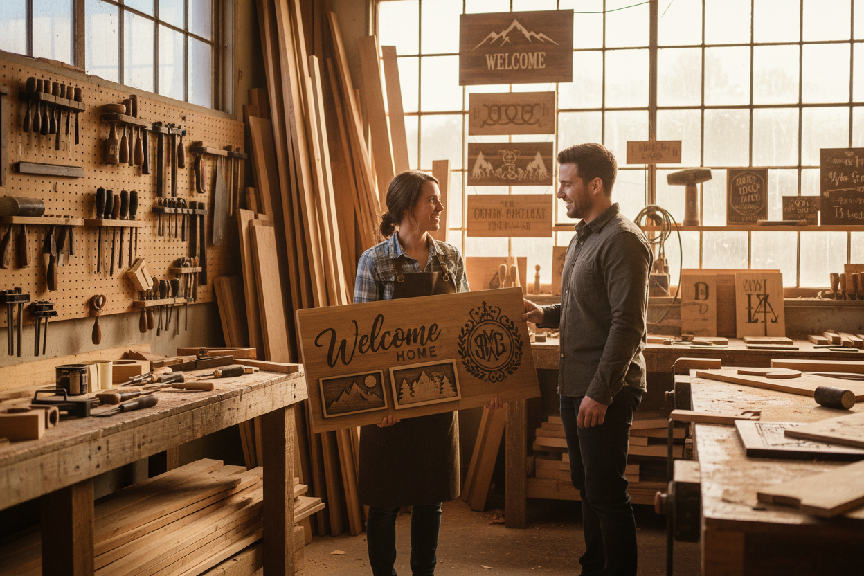 a wood sign maker working with a customer in a wood shop