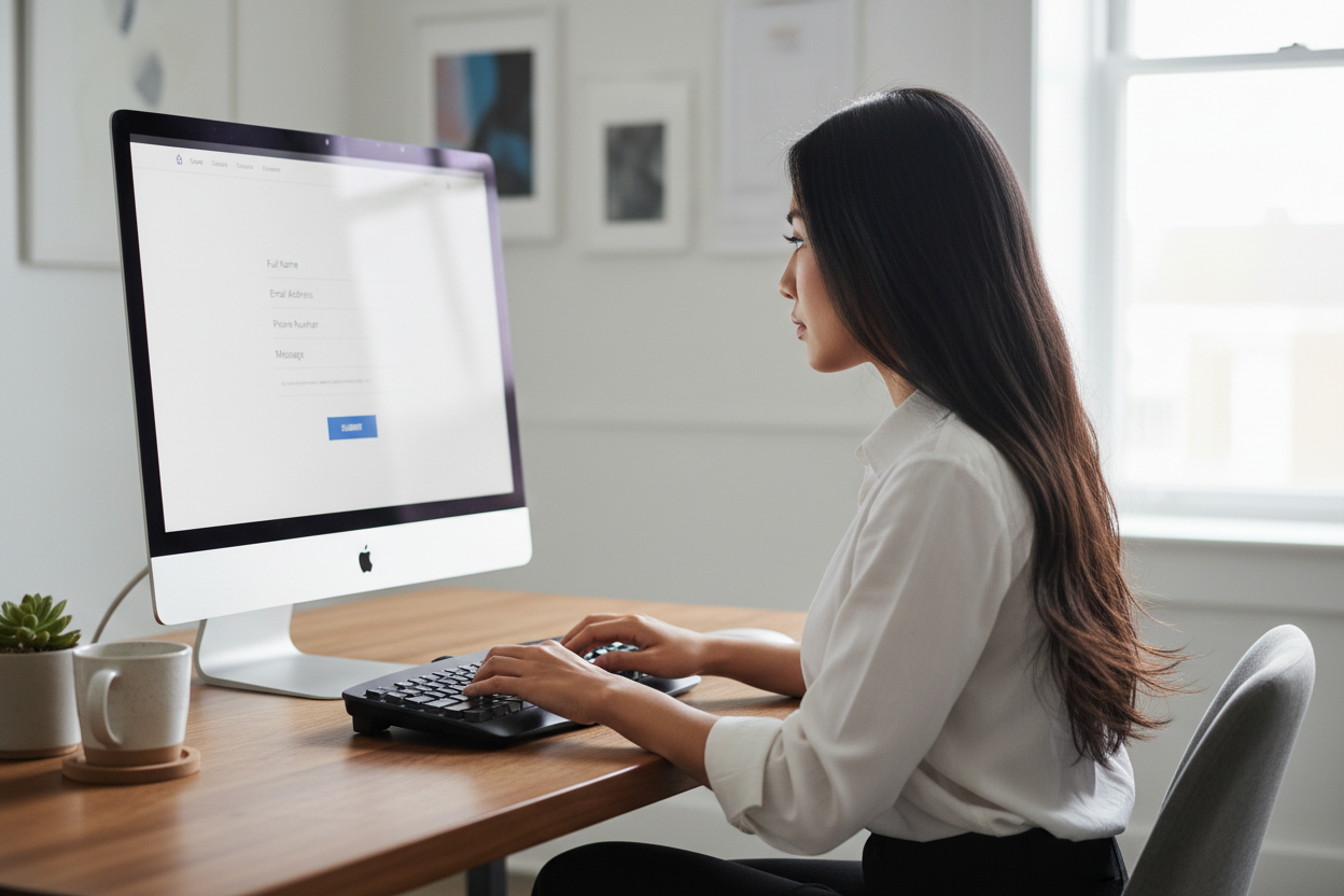 an image of a female with long black hair typing a message into a contact form on a website