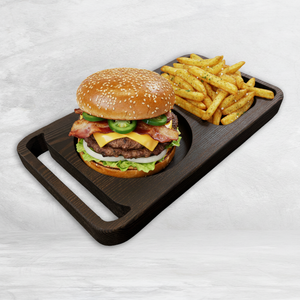 Double Bacon Smash Burger with Jalapeños on Wood Tray