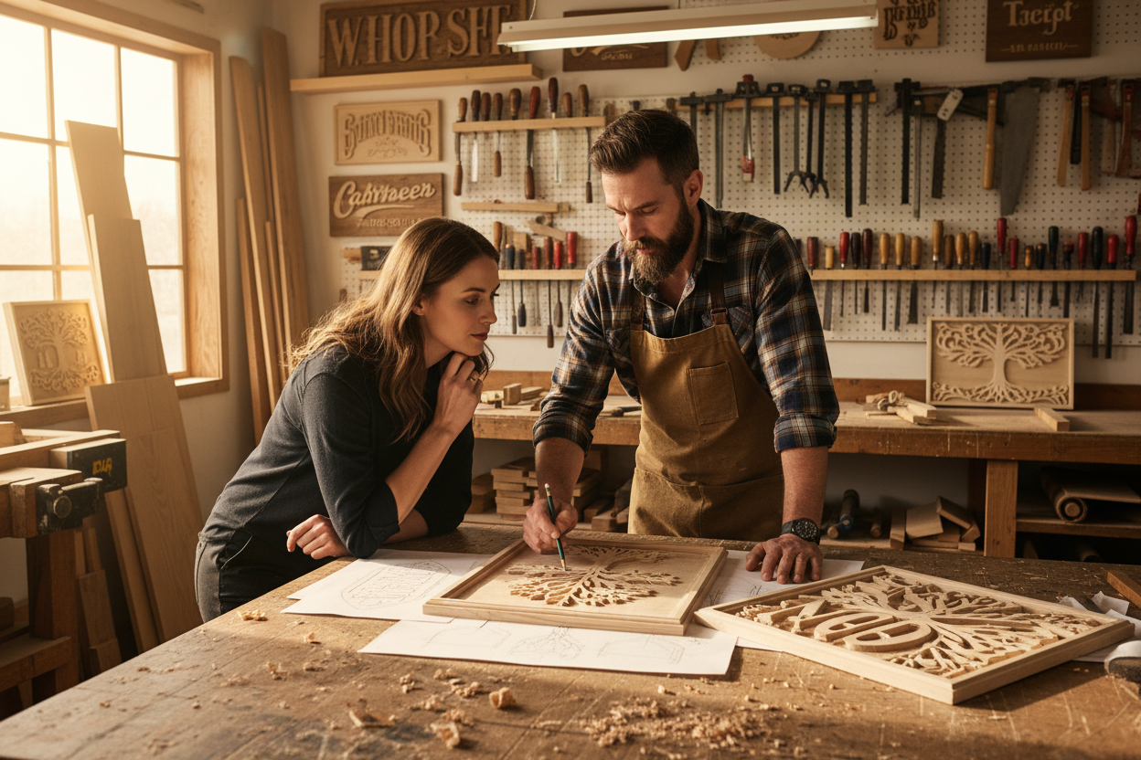 image of a male wood sign maker working together with a female client for a sign design