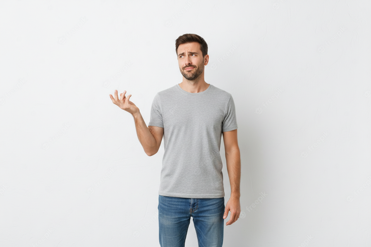 man in casual clothes asking a question, simple backdrop