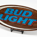 Hand finished, precision carved wood sign with vibrant Bud Light logo on solid cherry, handcrafted in USA for unique decor and gift accessories.