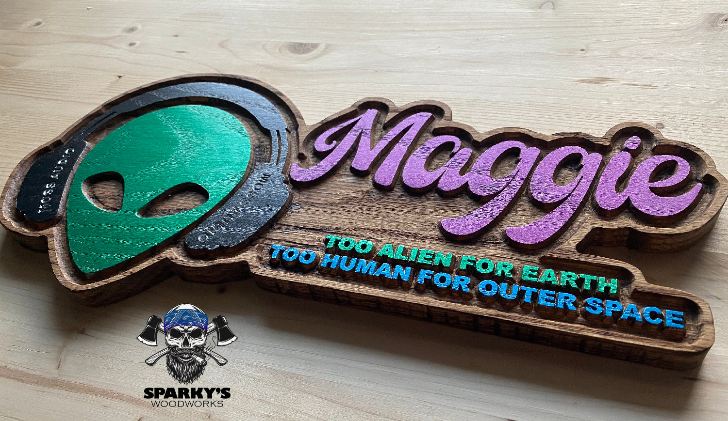 Too Alien - Too Human Wood Name Sign