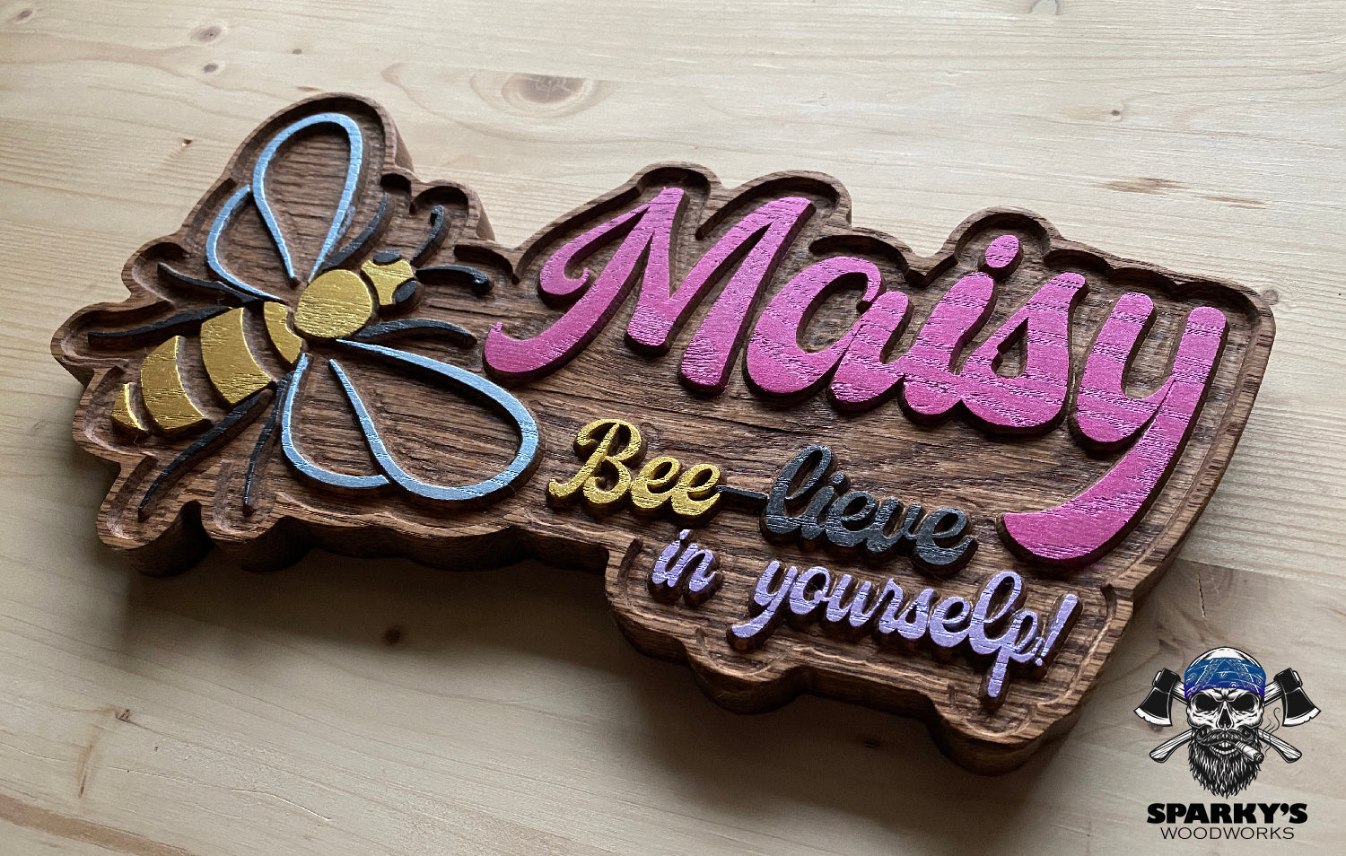 Bumblebee BEE-LIEVE Wood Name Sign