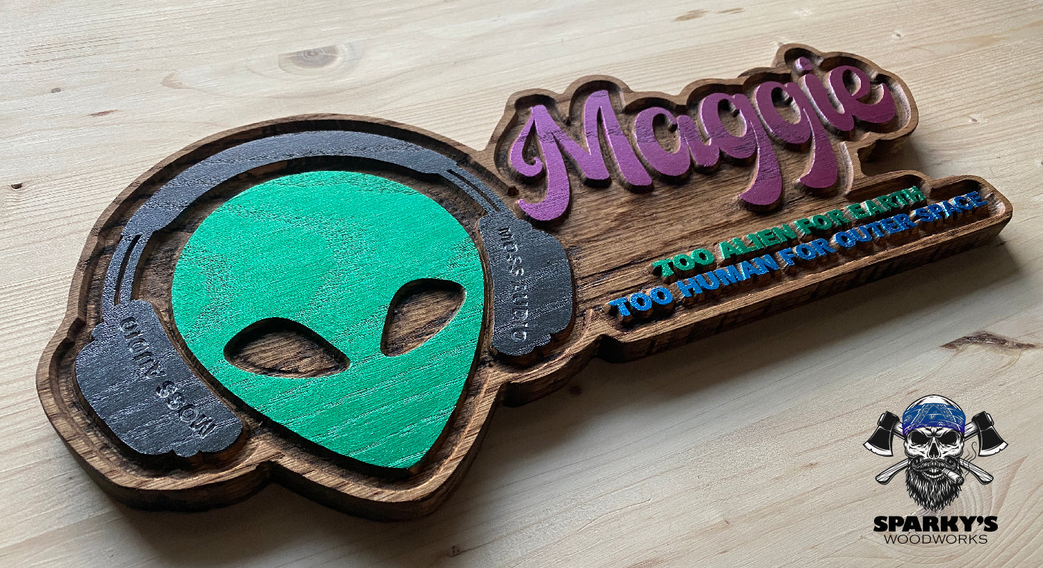 Too Alien - Too Human Wood Name Sign