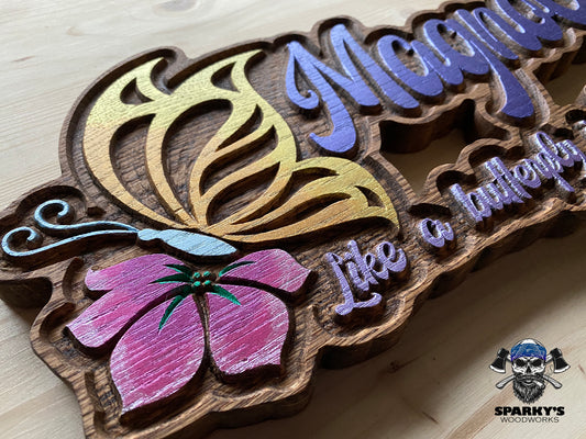 Butterfly in the Wind Personalized Wood Sign - Precision Carved Solid Cherry Name Sign - Made in USA