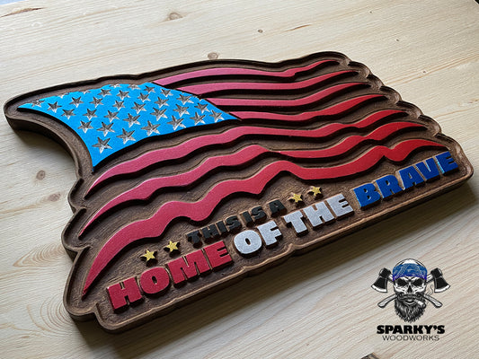 USA Flag - Home of the Brave Wood Sign