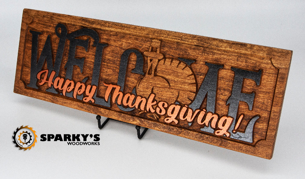Happy Thanksgiving Wood Welcome Sign - Pilgrim Turkey