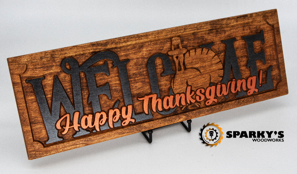 Happy Thanksgiving Wood Welcome Sign - Pilgrim Turkey